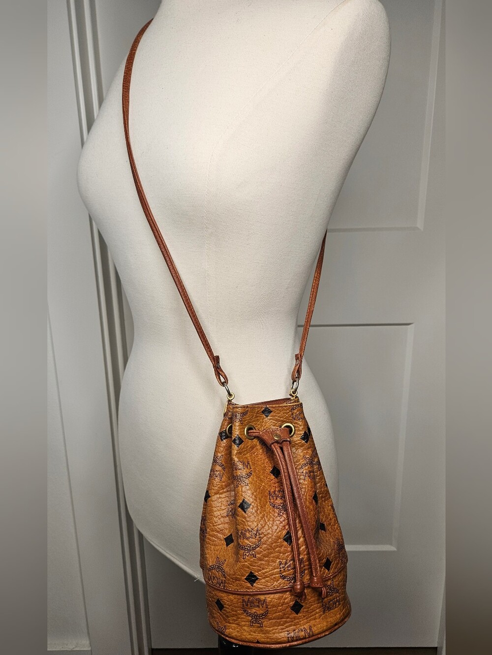 Authentuc MCM Visetos Cognac Mini Bucket Bag Drawstring Crossbody/Shoulder